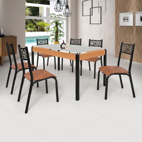 Conjunto Sala De Jantar Mesa 140cm X 77cm Tampo Vidro Com 6 C