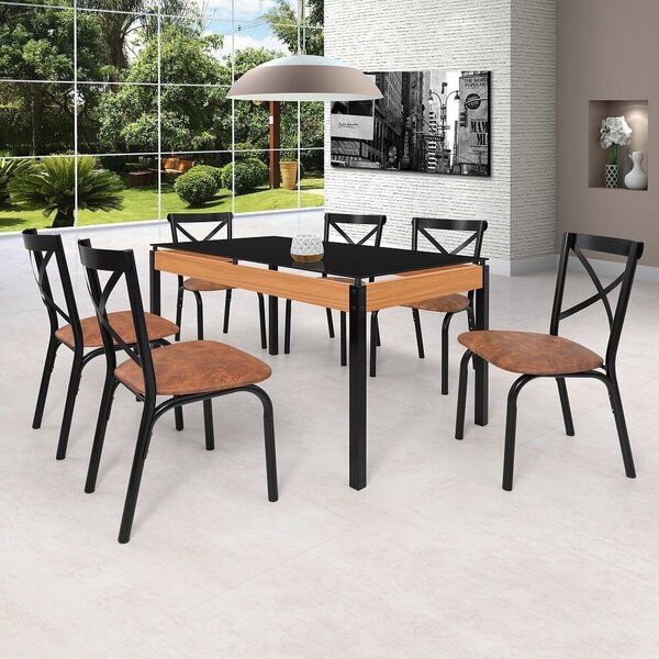 Conjunto Sala De Jantar Mesa 140cm X 77cm Tampo Vidro Com 6 C