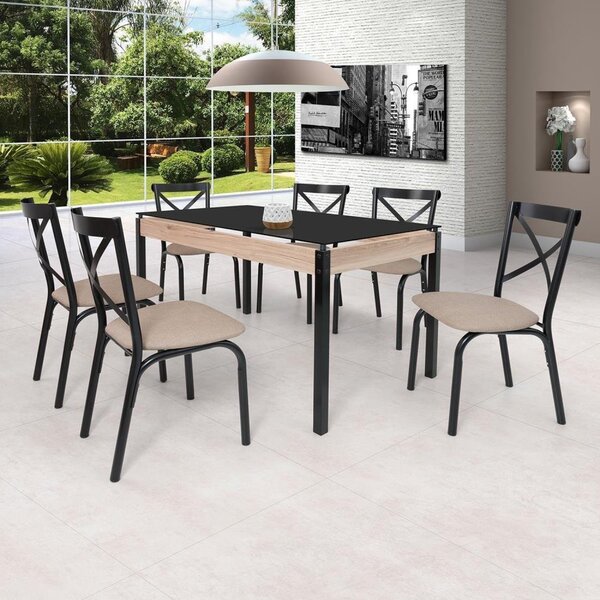 Conjunto Sala De Jantar Mesa 140x80cm Tampo Vidro Com 6 Cadei