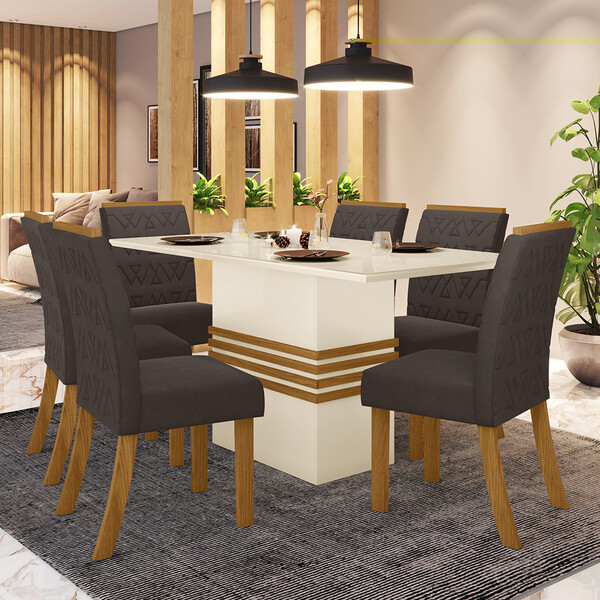 Conjunto Sala De Jantar Mesa 160 Cm Tampo Mdf Com Vidro 6 Cad