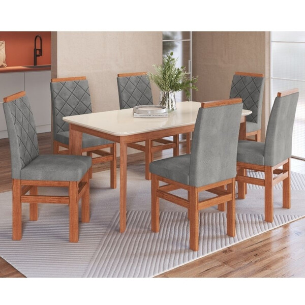 Conjunto Sala De Jantar Mesa 160cm Tampo De Vidro E 6 Cadeira