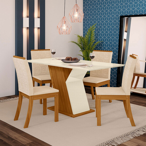 Conjunto Sala De Jantar Mesa 160cm Tampo Mdf 4 Cadeiras Kesha