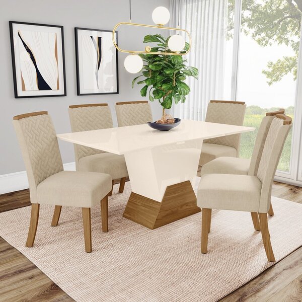 Conjunto Sala De Jantar Mesa 160cm Tampo Mdf Canto Reto Com 6