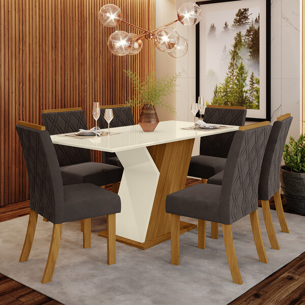 Conjunto Sala De Jantar Mesa 160cm Tampo Mdf Com Vidro 6 Cade