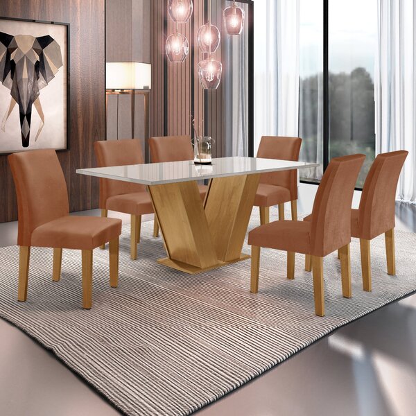 Conjunto Sala De Jantar Mesa 160x80cm Tampo Mdf/vidro Com 6 C