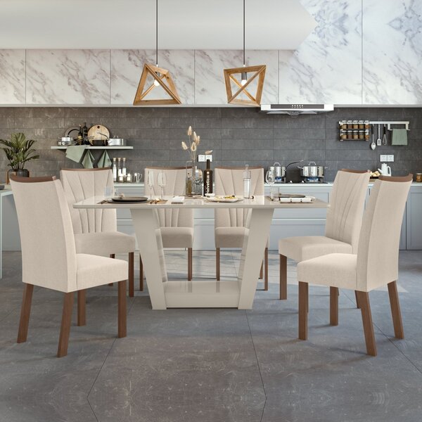 Conjunto Sala De Jantar Mesa 160x80cm Tampo Mdf/vidro Com 6 C