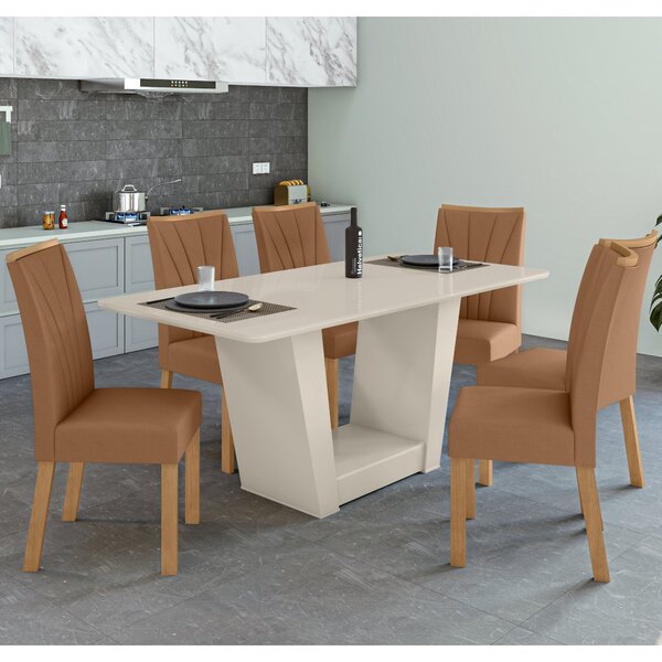 Conjunto Sala De Jantar Mesa 160x80cm Tampo Mdf/vidro Com 6 C