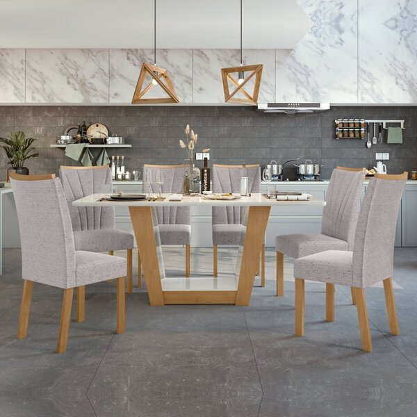 Conjunto Sala De Jantar Mesa 160x80cm Tampo Mdf/vidro Com 6 C