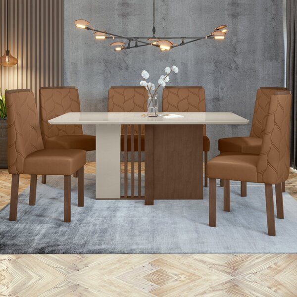 Conjunto Sala De Jantar Mesa 160x90cm Tampo Mdf/vidro Com 6 C