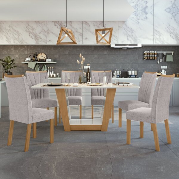 Conjunto Sala De Jantar Mesa 170x90cm Tampo Mdf/vidro Com 6 C