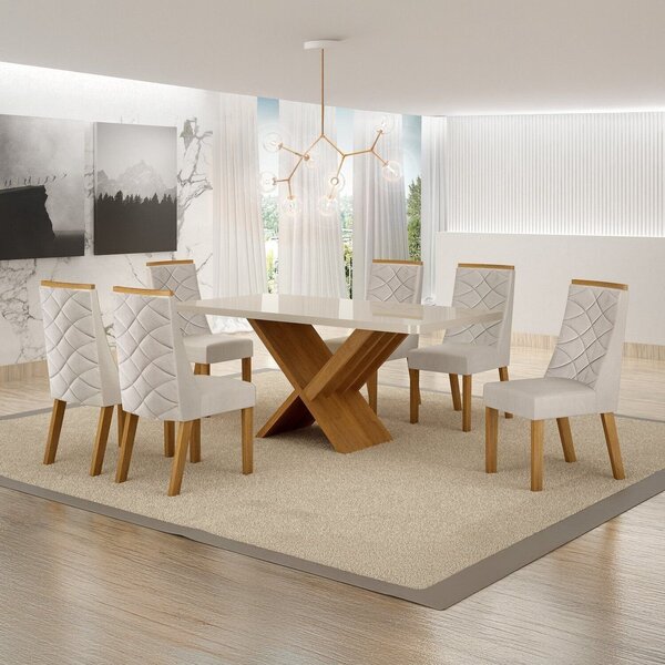 Conjunto Sala De Jantar Mesa 180cm Tampo De 4,0cm Com 6 Cadei