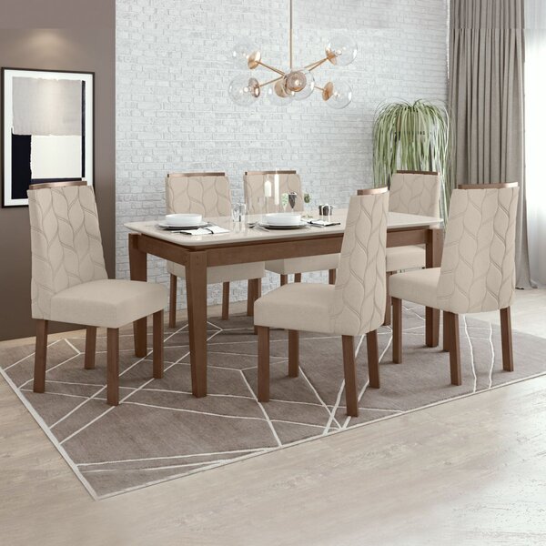 Conjunto Sala De Jantar Mesa 180x90cm Tampo Mdf/vidro Com 6 C