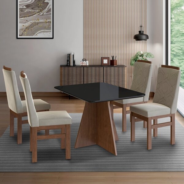 Conjunto Sala De Jantar Mesa 90x120cm T Vidro Com 4 Cadeiras