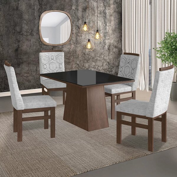 Conjunto Sala De Jantar Mesa 90x120cm Tampo Vidro Com 4 Cadei