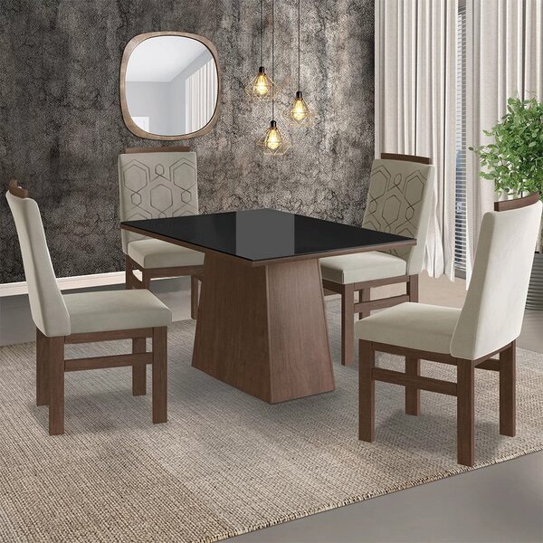 Conjunto Sala De Jantar Mesa 90x120cm Tampo Vidro Com 4 Cadei