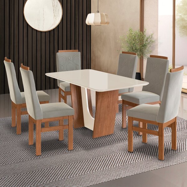 Conjunto Sala De Jantar Mesa 90x160cm T Vidro Com 6 Cadeiras