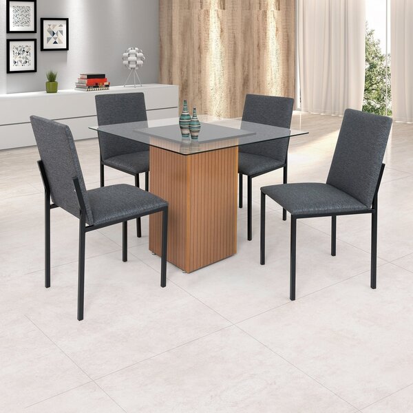 Conjunto Sala De Jantar Mesa 90x90cm Tampo Vidro Com 4 Cadeir