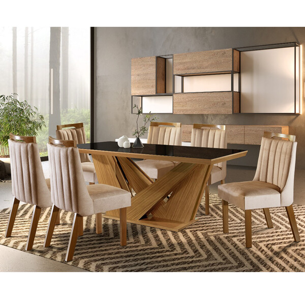Conjunto Sala De Jantar Mesa Apollo Tampo Mdf/vidro E 6 Cadei