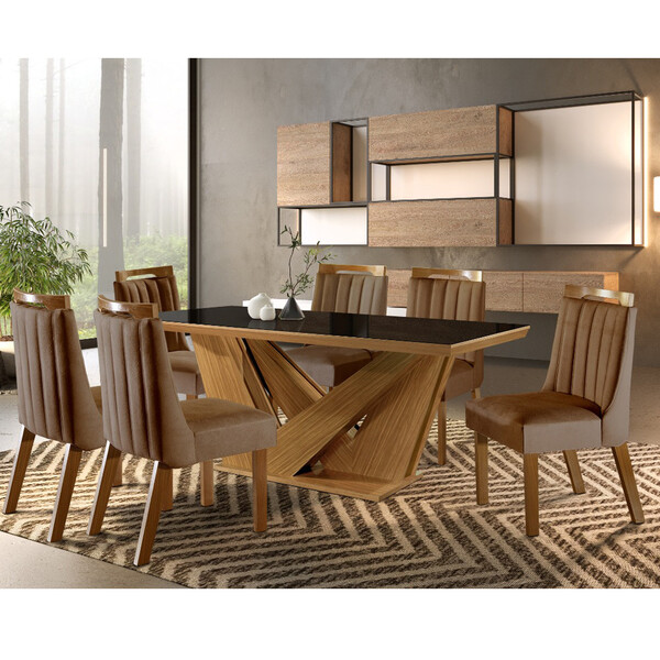 Conjunto Sala De Jantar Mesa Apollo Tampo Mdf/vidro E 6 Cadei