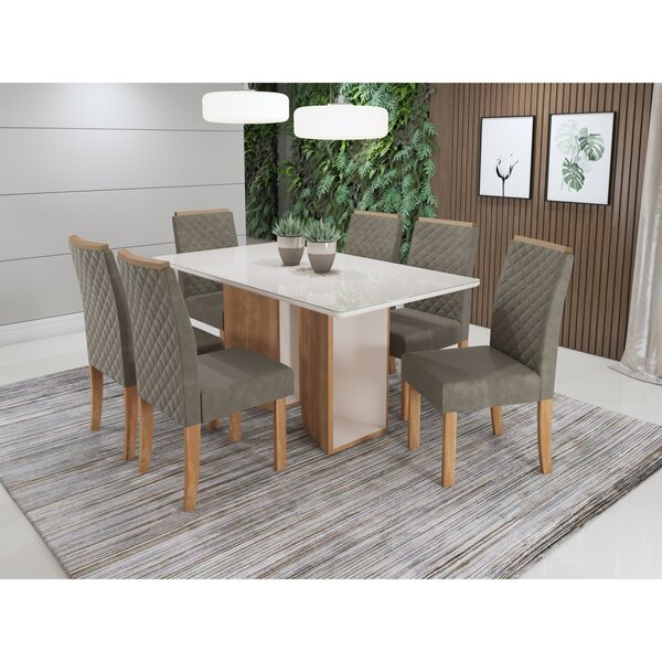 Conjunto Sala De Jantar Mesa Ayla 160cm Tampo Vidro/mdf Com 6