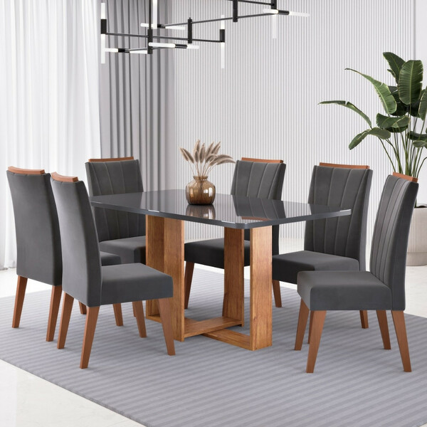 Conjunto Sala De Jantar Mesa Berlim Com Tampo De Vidro E 6 Ca