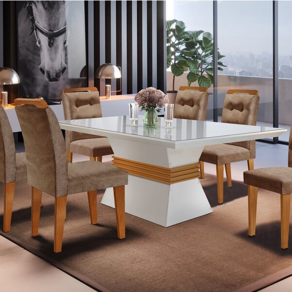 Conjunto Sala De Jantar Mesa Clarice 180x80cm Tampo Vidro/mdf