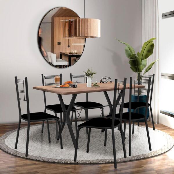 Conjunto Sala De Jantar Mesa Com 6 Cadeiras Estofadas Preto E