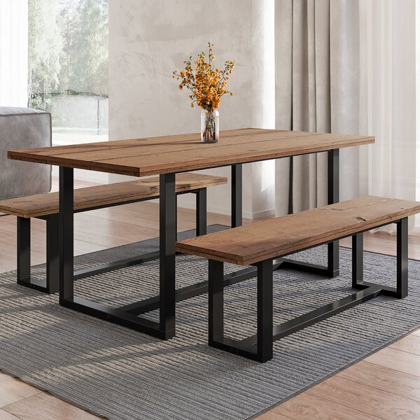 Conjunto Sala De Jantar Mesa Com Bancos 6 Lugares Madeira Mac