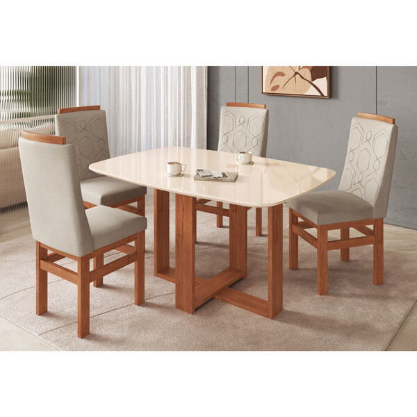 Conjunto Sala De Jantar Mesa Com Tampo De Vidro 120cm E 4 Cad