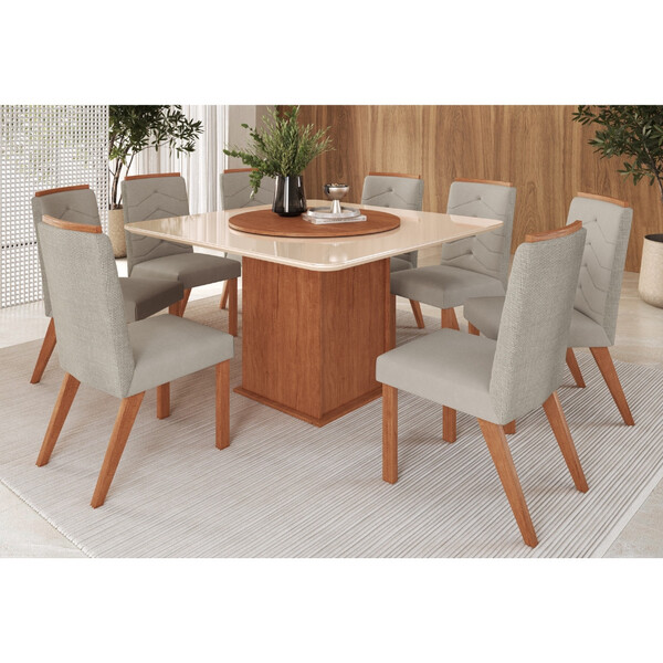 Conjunto Sala De Jantar Mesa Com Tampo De Vidro 130cm E 8 Cad
