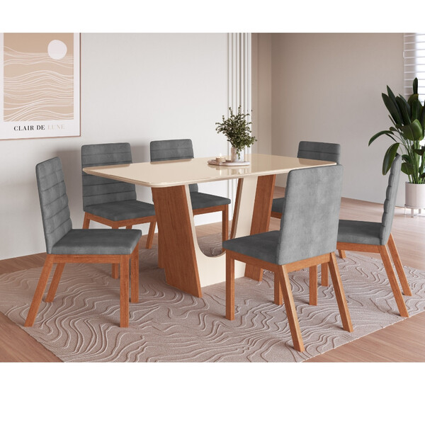 Conjunto Sala De Jantar Mesa Com Tampo De Vidro 160cm E 6 Cad