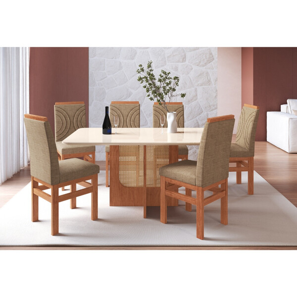 Conjunto Sala De Jantar Mesa Com Tampo De Vidro 160cm E 6 Cad