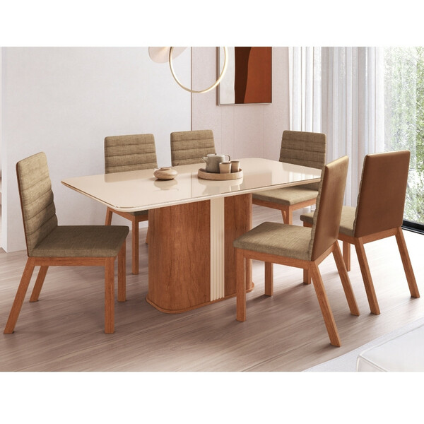 Conjunto Sala De Jantar Mesa Com Tampo De Vidro 160cm E 6 Cad