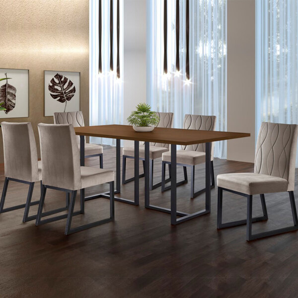 Conjunto Sala De Jantar Mesa Com Vidro E 06 Cadeiras Atena Ve