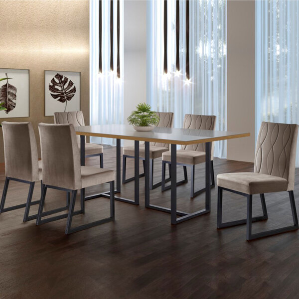 Conjunto Sala De Jantar Mesa Com Vidro E 06 Cadeiras Atena Ve