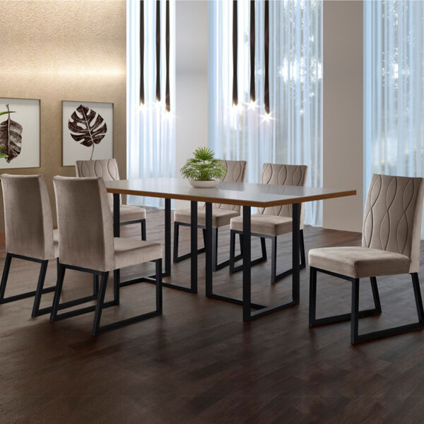 Conjunto Sala De Jantar Mesa Com Vidro E 06 Cadeiras Atena Ve