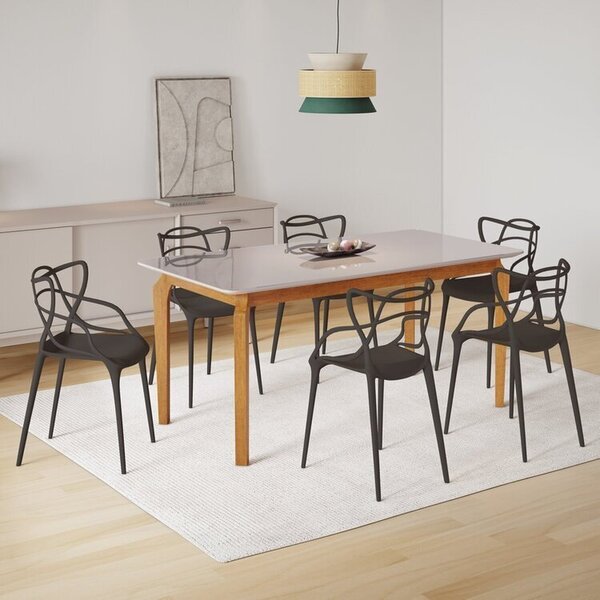 Conjunto Sala De Jantar Mesa Com Vidro Madeira Maciça Com 6 C