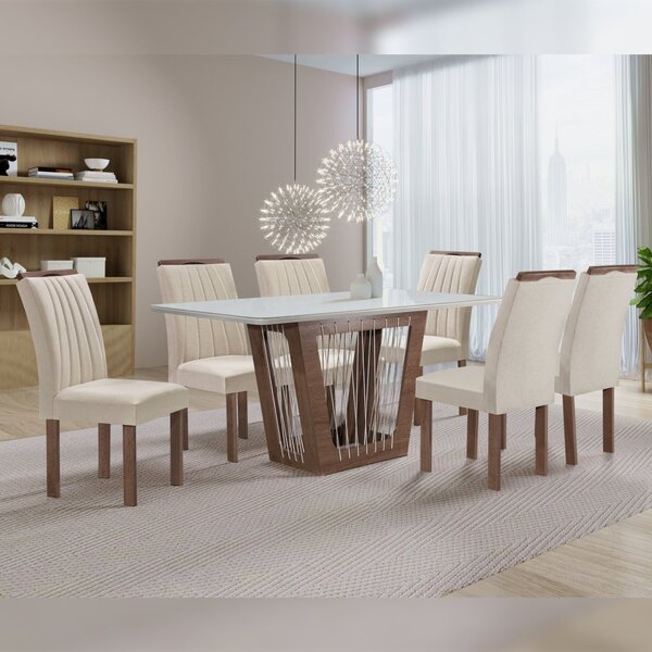 Conjunto Sala De Jantar Mesa Cuenca Tampo Vidro/mdf Com 6 Cad