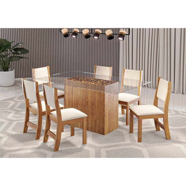 Conjunto Sala De Jantar Mesa Hamburgo Tampo Vidro Com 6 Cadei