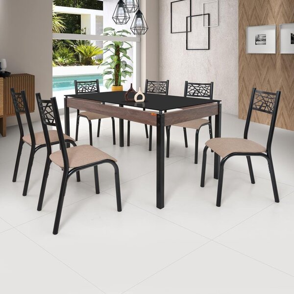 Conjunto Sala De Jantar Mesa Jade 140x80cm Tampo Vidro Com 6
