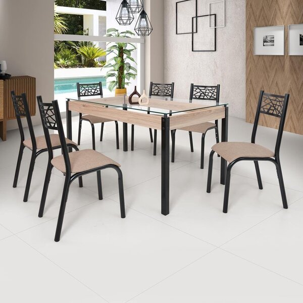 Conjunto Sala De Jantar Mesa Jade 140x80cm Tampo Vidro Com 6