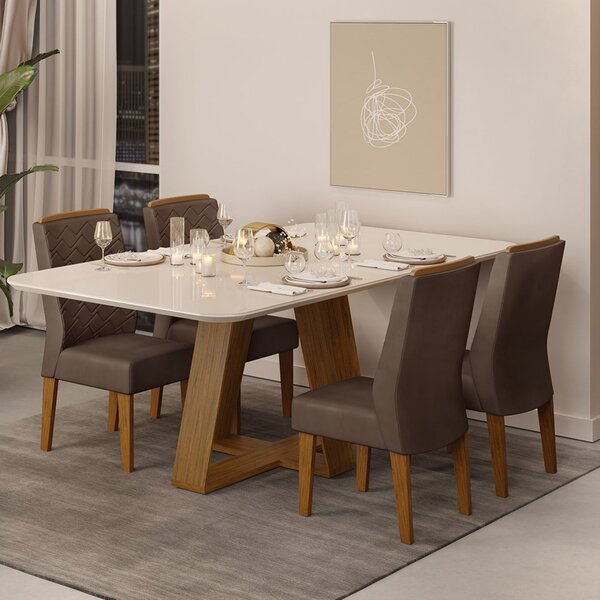 Conjunto Sala De Jantar Mesa Kiara 160x90cm Tampo Vidro/mdf C