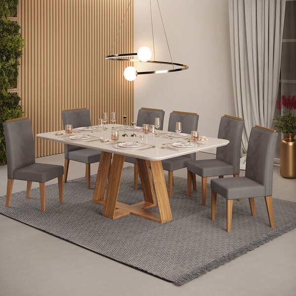 Conjunto Sala De Jantar Mesa Kiara 160x90cm Tampo Vidro/mdf C