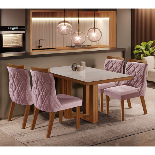 Conjunto Sala De Jantar Mesa Lottus Tampo Mdf E Vidro E 4 Cad