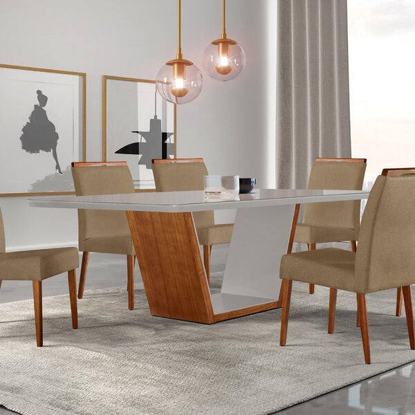 Conjunto Sala De Jantar Mesa Madeira Maciça Medelim E 6 Cadei