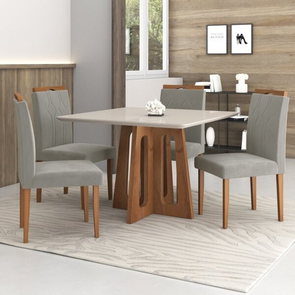 Conjunto Sala De Jantar Mesa Recife Tampo Vidro/mdf Com 4 Cad