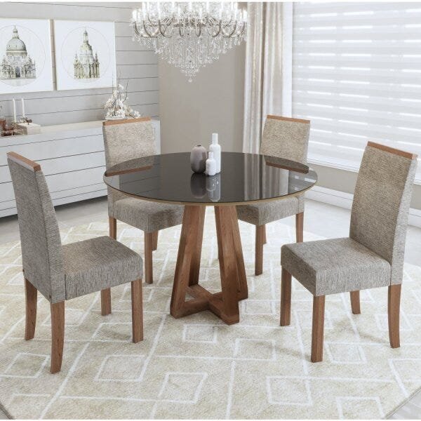 Conjunto Sala De Jantar Mesa Redonda Tampo De Vidro/mdf E 4 C