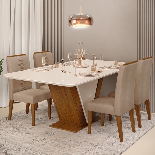 Conjunto Sala De Jantar Mesa Rute 160x90cm Tampo Vidro/mdf Co