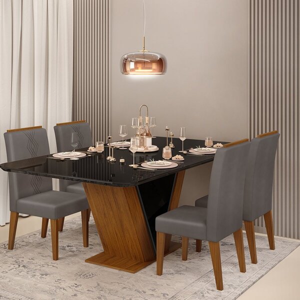 Conjunto Sala De Jantar Mesa Rute 160x90cm Tampo Vidro/mdf Co