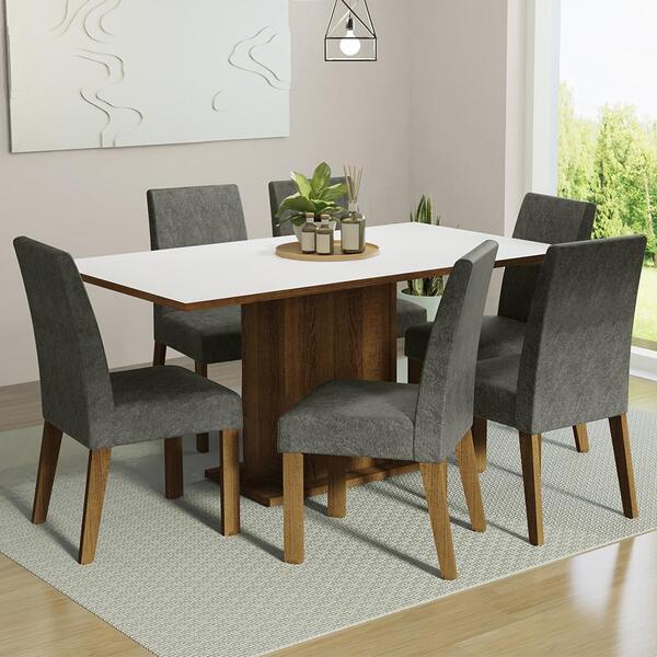 Conjunto Sala De Jantar Mesa Tampo De Madeira 6 Cadeiras Rust